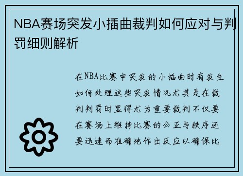 NBA赛场突发小插曲裁判如何应对与判罚细则解析 NBA赛场突发小插曲裁判如何应对与判罚细则解析