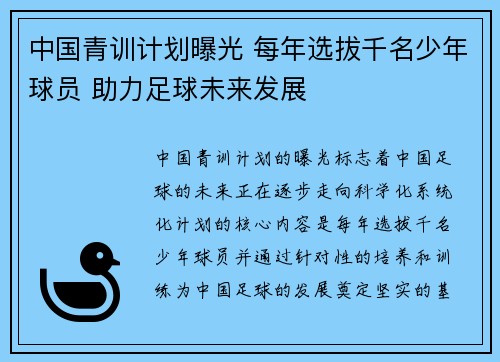 中国青训计划曝光 每年选拔千名少年球员 助力足球未来发展 中国青训计划曝光 每年选拔千名少年球员 助力足球未来发展